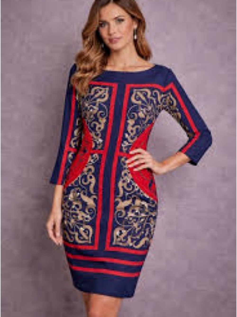 Cache Women’s Sheath Dress - Large Navy Blue, Red & Gold Scroll Pattern